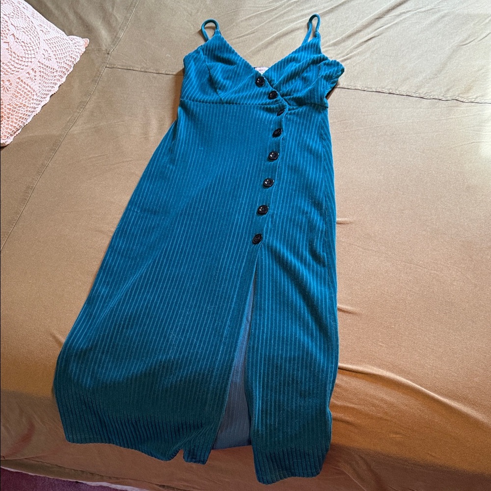 UO Teal Ribbed dress Button-Front Midi